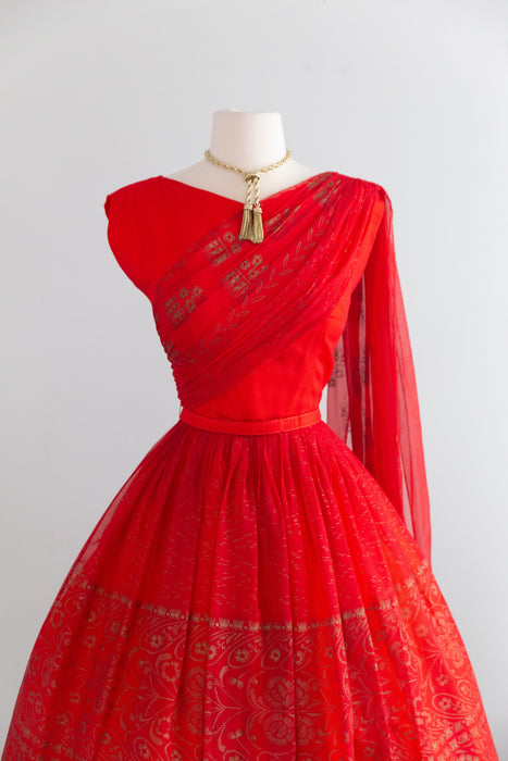 Glamorous 1950’s Sari Inspired Red & Gold Chiffon Party Dress | S