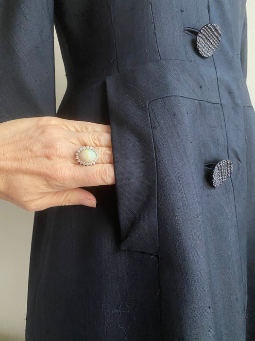 Elegant 1950's Navy Blue Silk Coat Dress From Nicholas Ungar / Medium
