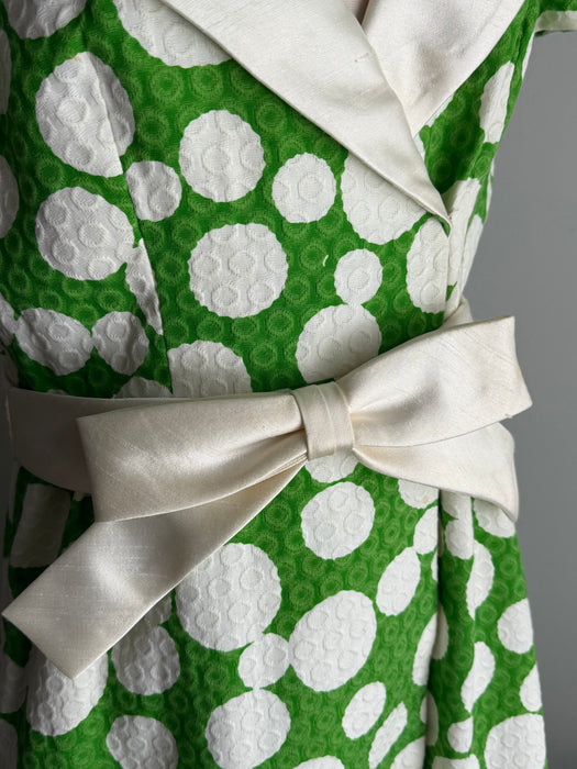 Fabulous 1960's Malcolm Starr By Rizkallah Green & White Polka Dot Maxi Dress / M
