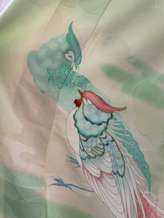 Stunning Vintage Celadon Green Silk Kimono With Hand Painted Birds / OS