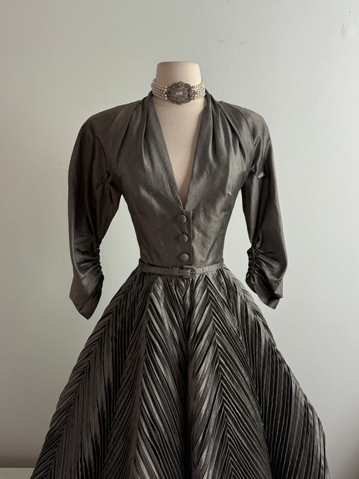 Magnificent 1950's "New Look" Silk Cocktail Dress With Chevron Pleating Attributed to Werle / S