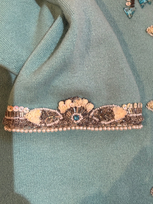 Extraordinary 1960's Hand Beaded Tiffany Blue Cashmere Cardigan / M