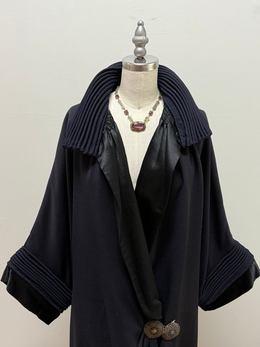 Magnificent 1920s Navy Wool Gabardine Evening Coat with Silk Lining and Fringe Trim / OS