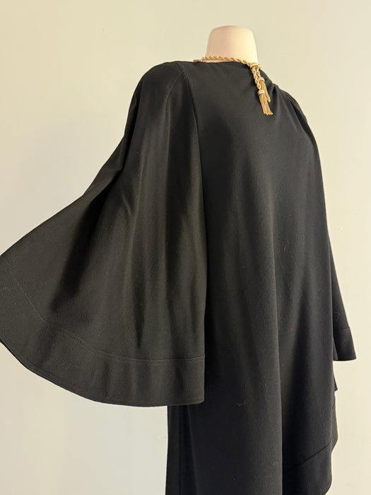Iconic 1970s Jean Muir Black Wool Crepe Wrap Coat With Bell Sleeves / M