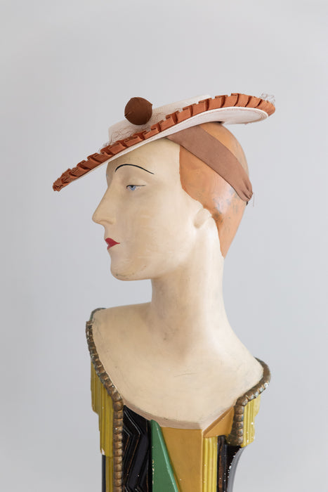 Wonderful 1930s White Straw Tilt Hat with Caramel Grosgrain Trim, Veiling, and Hatpin