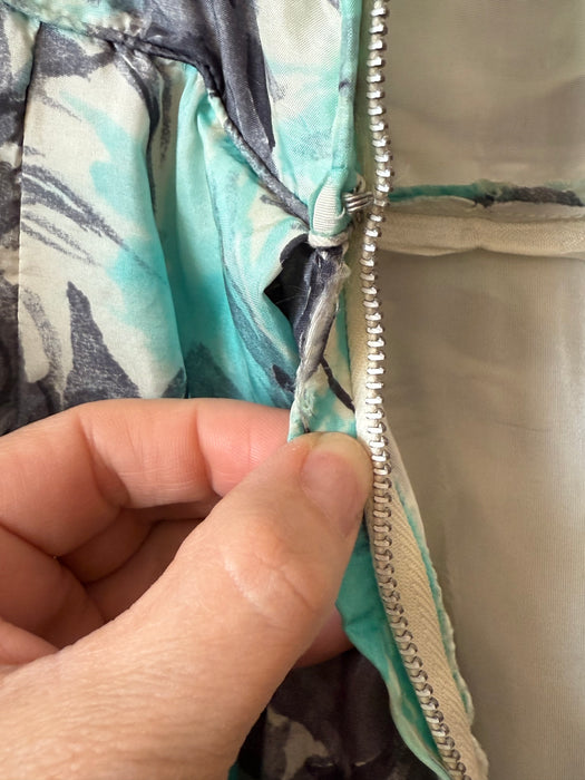 Elegant 1950's Aquamarine & Charcoal Silk Rose Print Cocktail Dress / M