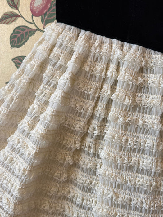 Elegant Early 1960's Evening Gown In Black Velvet & Tiered Lace / XS