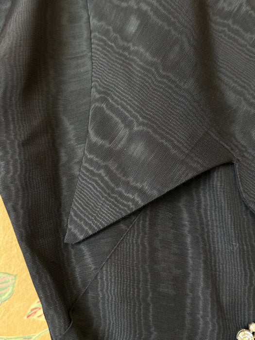 Elegant Early 1950's New Look Black Moire Cocktail Dress With Rhinestone Buttons / SM