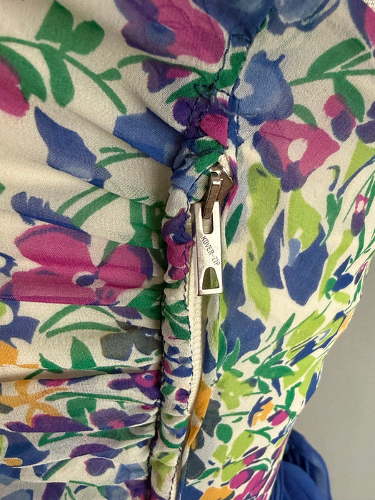 Exquisite 1930's Impressionist Spring Floral Gown In Silk Chiffon / S