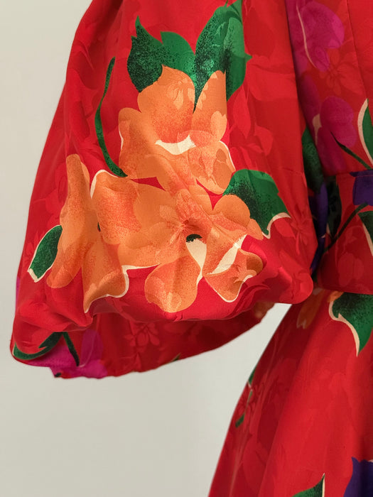 Fabulous 1980's Scarlet Floral Print Party Dress By Raul Blanco / M
