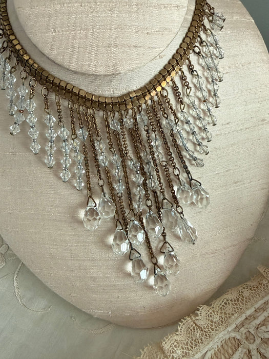 COVETED Brass Book-Chain Fringe Statement Necklace with Crystal Bead Waterfall, c. 1950s