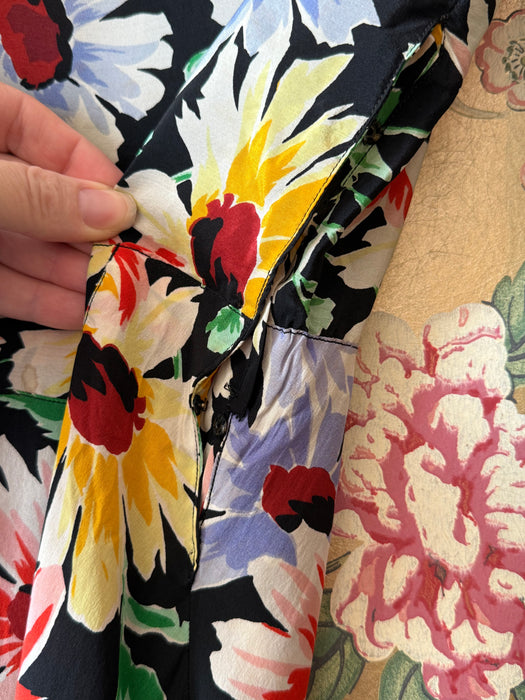 Gorgeous 1930's Rainbow Daisy Print Silk Bias Cut Gown With Bishop Sleeves / Small