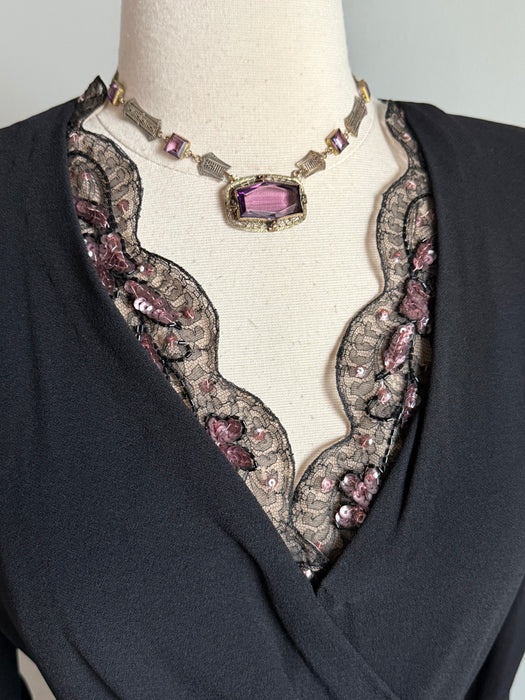 Elegant 1940's Black Rayon Evening Dress With Embellished Illusion Lace / M