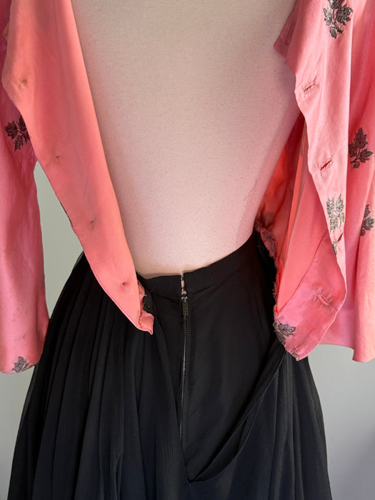 Stunning 1950’s Traina-Norell Pink & Black Sari Silk Cocktail Dress / XS