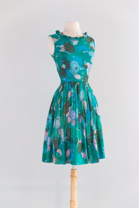 Dreamy Early 60's Teal Blue Impressionist Rose Print Cotton Sundress / S