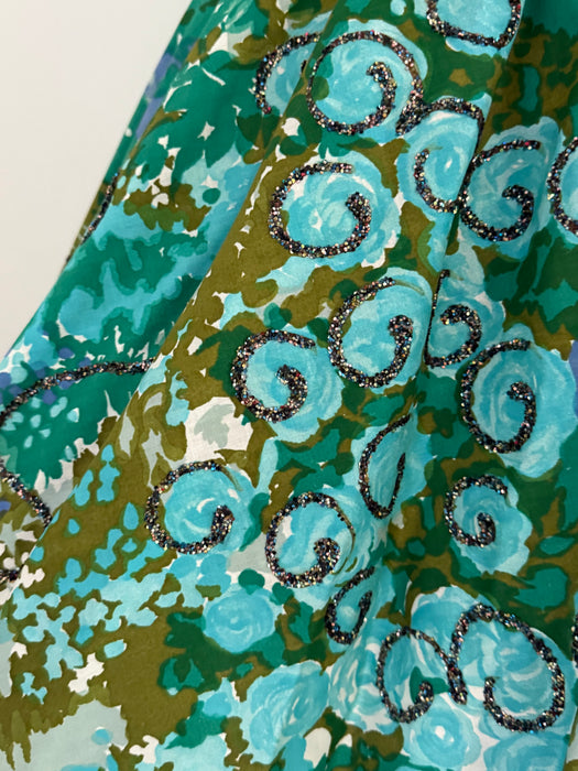 Gorgeous 1950's Monet's Garden Cotton Floral Dress With Glittering Swirls / Medium