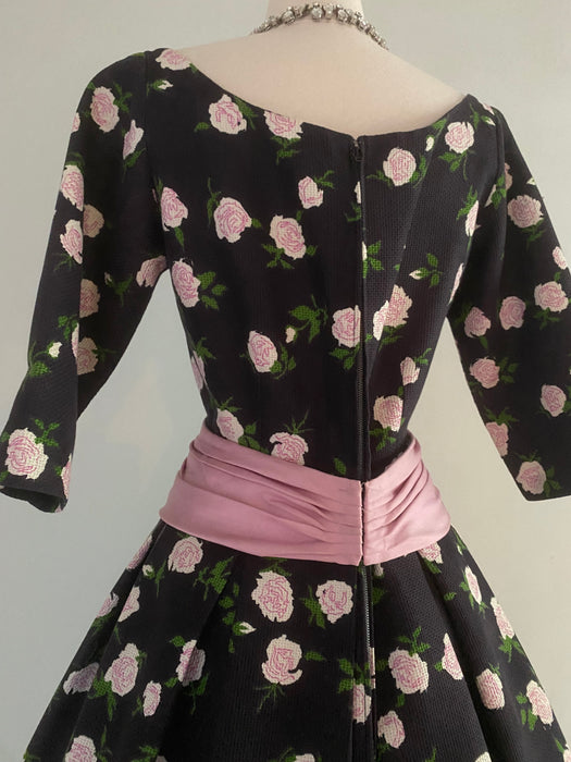 Classic 1950's French Couture Rose Print Party Dress Jean Dando Paris / Small