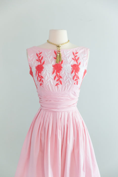 Romantic Early 1960's Embroidered Pink Cotton Sundress / Small