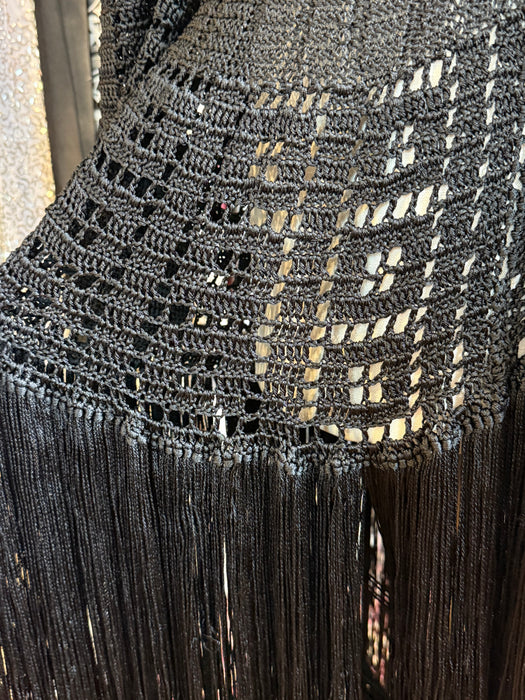 Sinuous 1920’s Black Silk Geometic Crochet Fringed Evening Dress Robe / Small