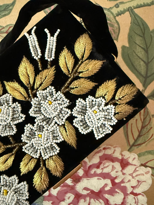 Beautiful 1960s Black Velvet Box Bag with Beaded Floral Embroidery