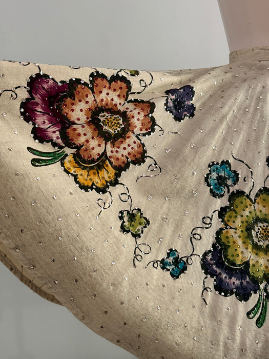 Exquisite 1950's Hand Painted Mexican Circle Skirt With Sequined Flowers / SM