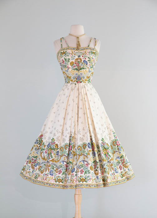 Breathtaking 1950’s Couture Party Dress in a Baroque Inspired Border Print / M