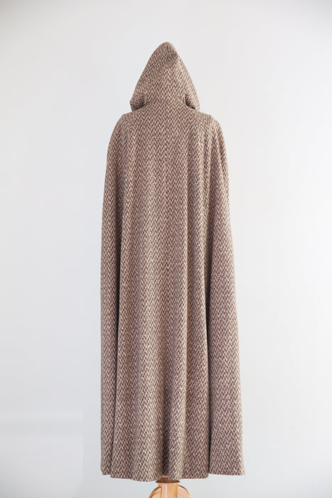 Dramatic 1970’s Wool Herringbone Full Length Hooded Cape / OSFM