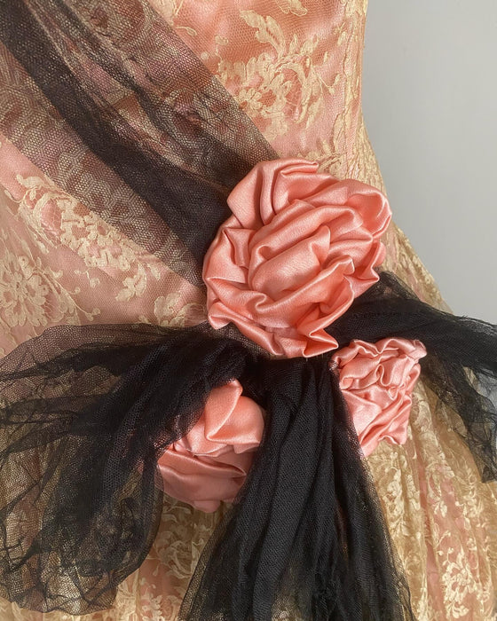 pink and black flapper dress 1920s summer tea party dress in pink and black rayon with flutter slee LaVieDelight