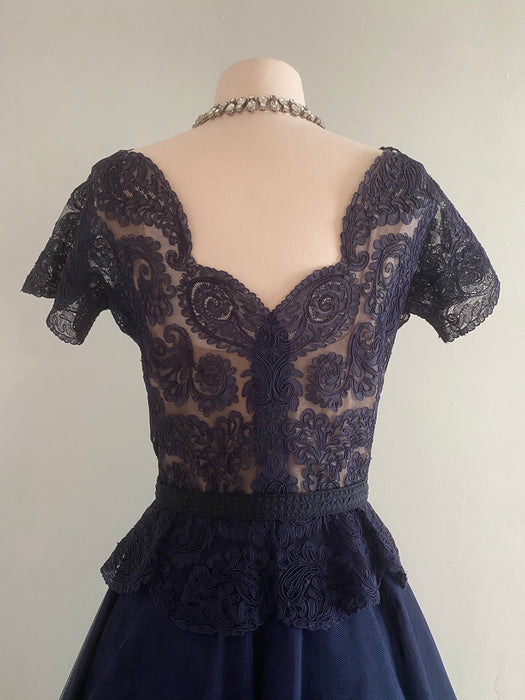 Rare Early 1950's New Look Pauline Trigere Navy Blue Lace Evening Dress / Small