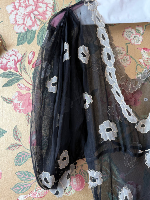 Ethereal 1930's Embroidered Sheer Black Silk Net Bias Cut Gown / S
