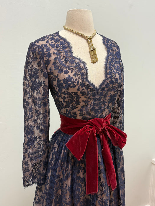 Stunning 1960's Saks Fifth Ave. Blue Lace Cocktail Dress With Crimson Velvet Sash / M