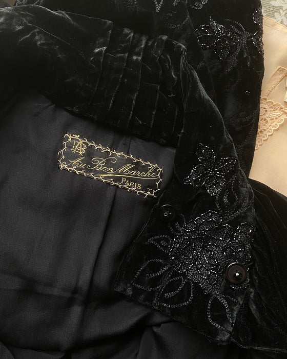 Exquisite 1920's Black Velvet Opera Coat With Jet Embroidery From Au Bon Marche' Paris