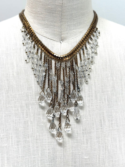 COVETED Brass Book-Chain Fringe Statement Necklace with Crystal Bead Waterfall, c. 1950s