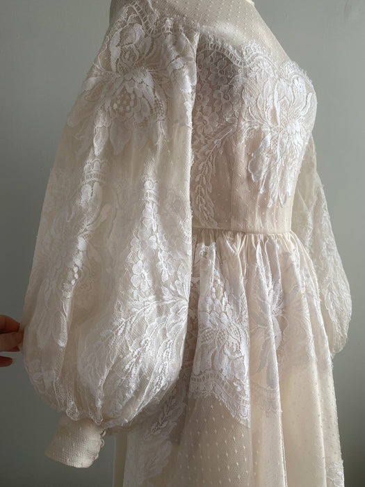 Romantic Vintage Couture Silk Wedding Gown With Bishop Sleeves and French Lace / S