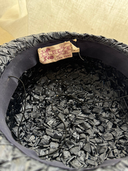 Darling 1950's Navy Blue Woven Straw Hat With White Millenary Flowers By LaRose / SM