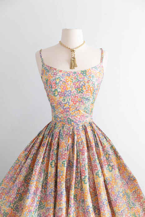 Enchanting 1950’s Pastel Garden Silk Floral Party Dress With Pockets! / Small