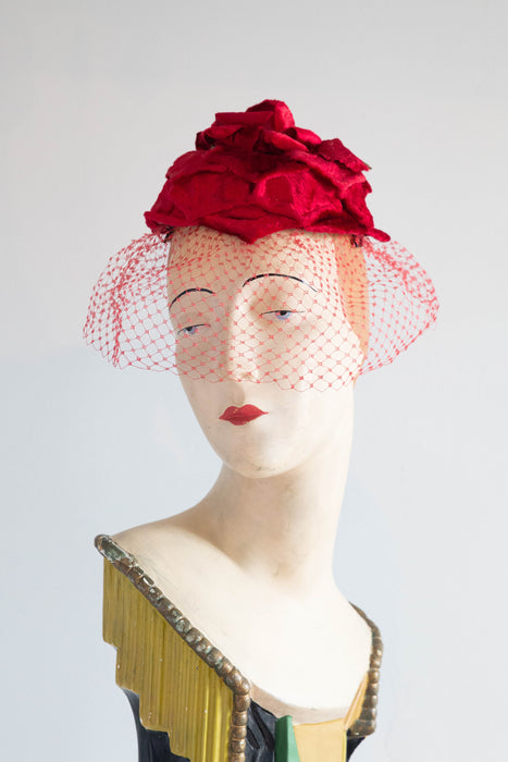 Scrumptious 1950's Red Panne Velvet Rose Bud Cocktail Hat By Mr. Irving