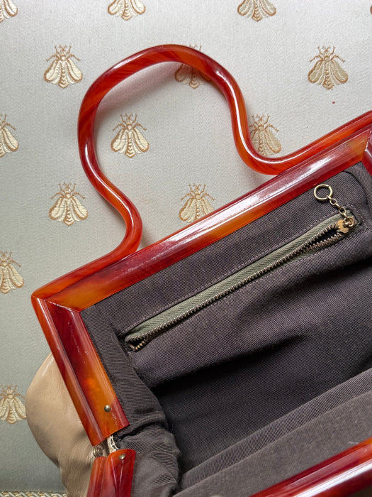 Darling Mid-Century Leather Handbag With Lucite Handle