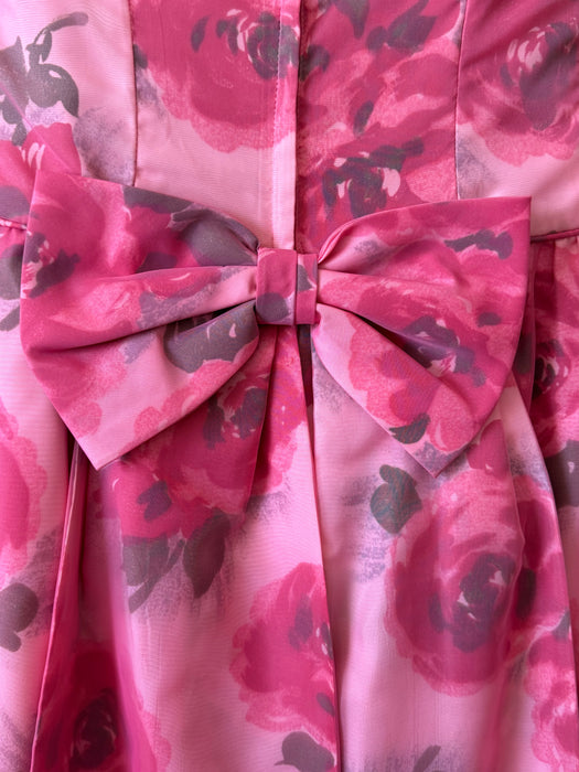Vintage Audrey Early 1960's Floral Chiffon Pink Party Dress With Bow Back / XXS