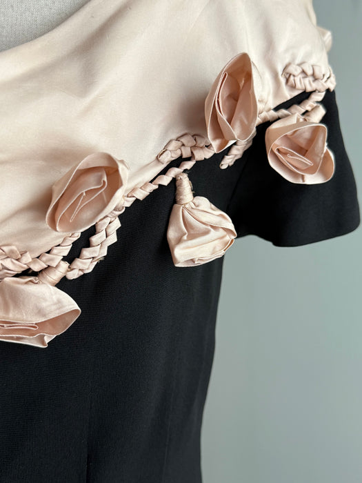 Fabulous 1950's Little Black Dress By Patullo Jo-Copeland with Pink Roses / M