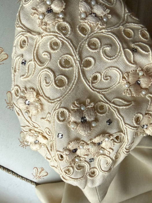 Darling 1950's Creampuff Ivory Wiggle Dress With Embroidered Sleeves / M