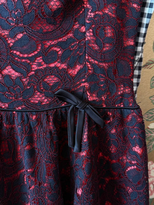 Fabulous Early 1960's Lace Party Dress In Black & Fire Engine Red / Small