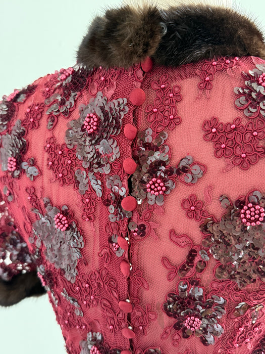 Stunning Vintage Crimson Lace Mermaid Evening Gown With Mink Trim / XS- S