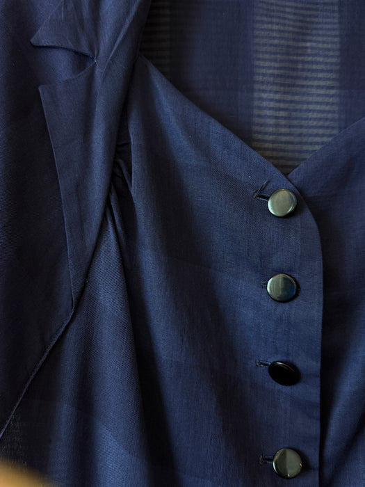 Classic Early 1950's Navy Blue Gingham Pattern Cotton Voile Day Dress / M