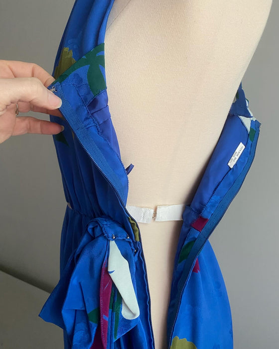 Gorgeous 1970's Nina Ricci Cobalt Blue Silk Floral Print Halter Dress / XS