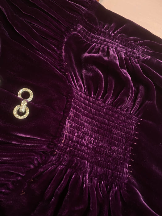 1930's Royal Purple Silk Velvet Evening Dress With Pave Rhinestones / ML