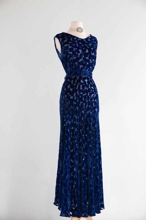 Exquisite 1930s Sapphire Devoré Velvet Bias Cut Evening Gown & Cape / M