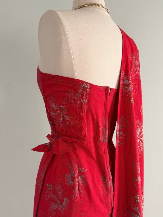Iconic 1950's Alfred Shaheen Hawaiian Sarong Dress In Red Hibiscus Print / XS