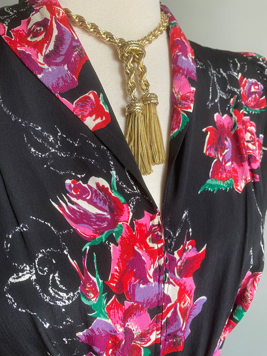 My Favorite 1930's Silk Rose Print Full Length Evening Dress With Sash / M