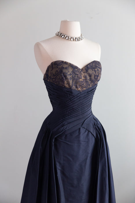 Exquisite 1950's Couture Cocktail Dress in Navy Silk Taffeta and Imported Lace / SM
